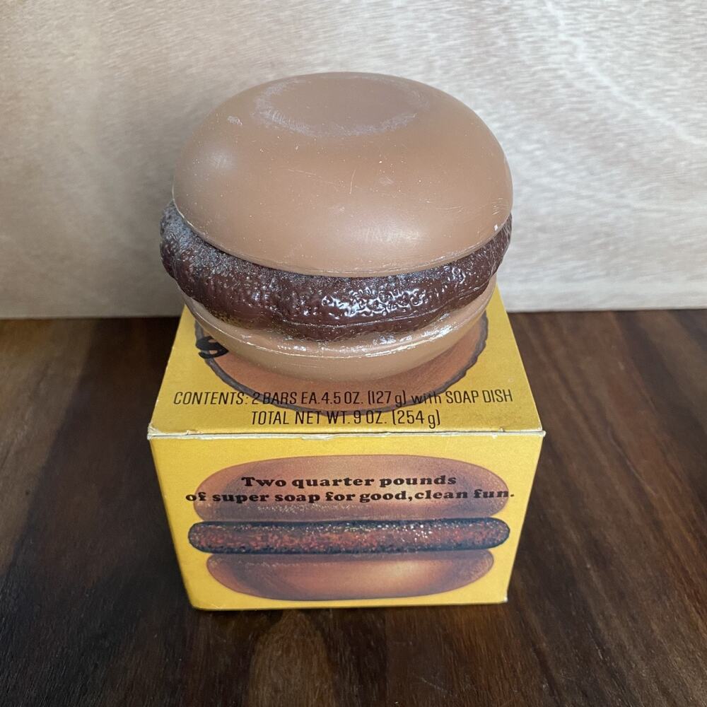 Vintage Hamburger 1/4 Burger Soap to Go Gift Set Amway 2 Bars 9 oz Soap Dish New
